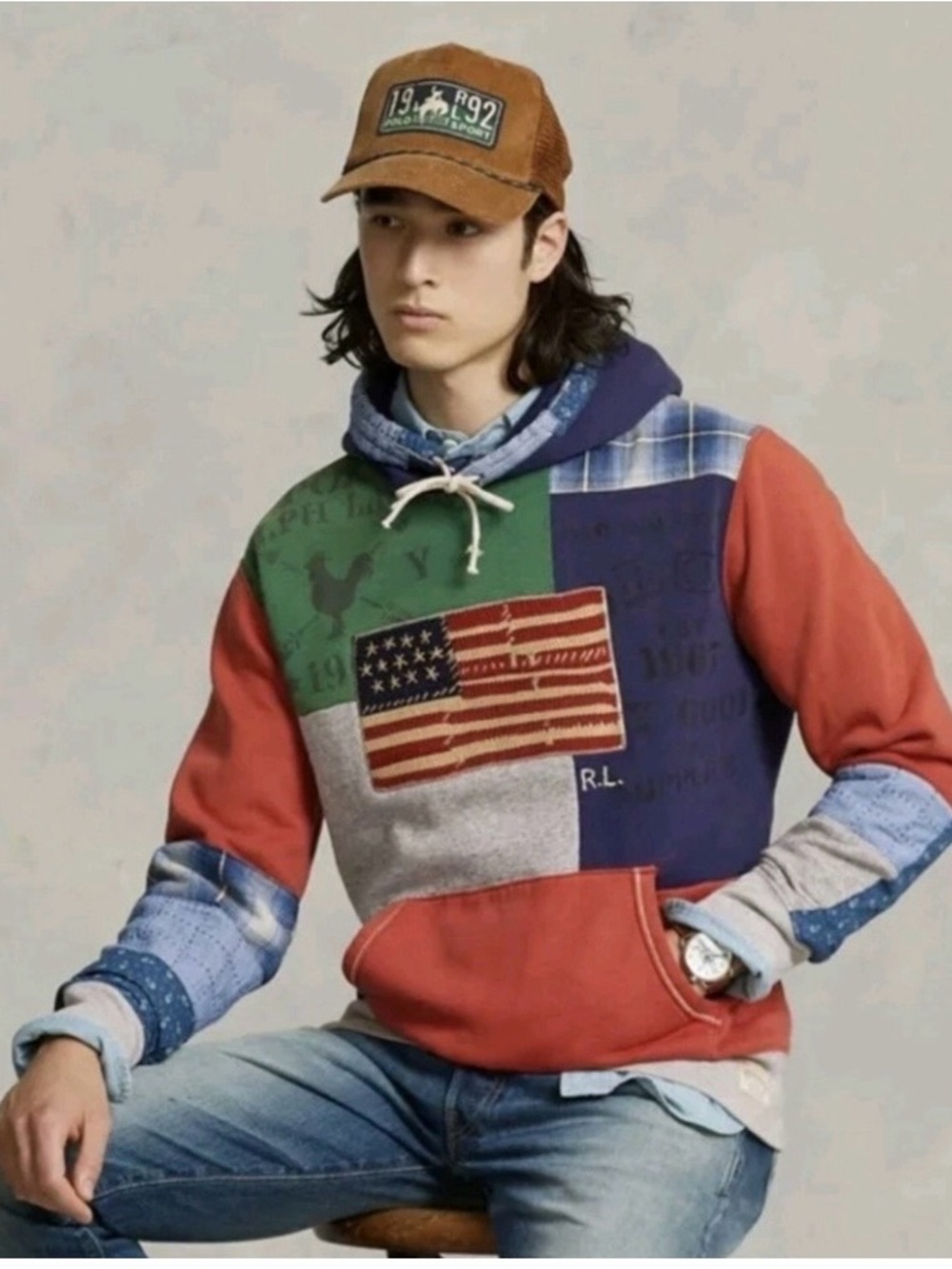 New Polo by Ralph Lauren Patchwork Flag fleece Hoodie in Red, Green & Blue